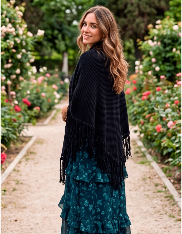 Navy Blue Multi-Position Fringed Poncho for Women 2