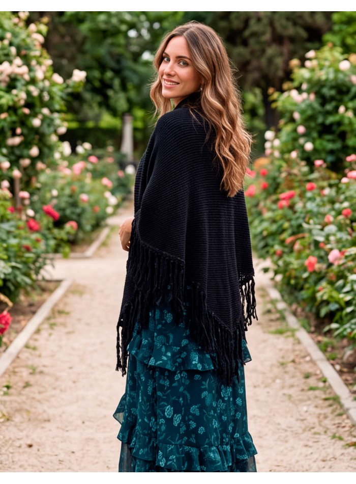 navy blue fringed poncho