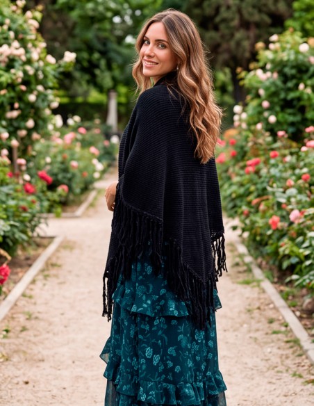 navy blue fringed poncho