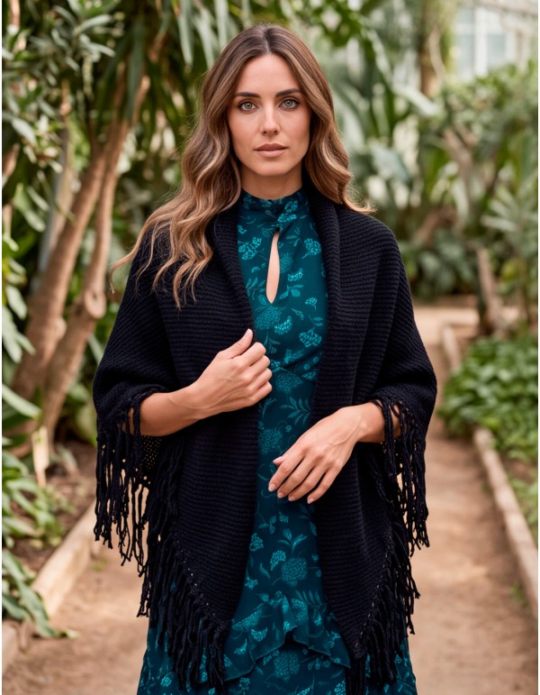 Navy Blue Multi-Position Fringed Poncho for Women