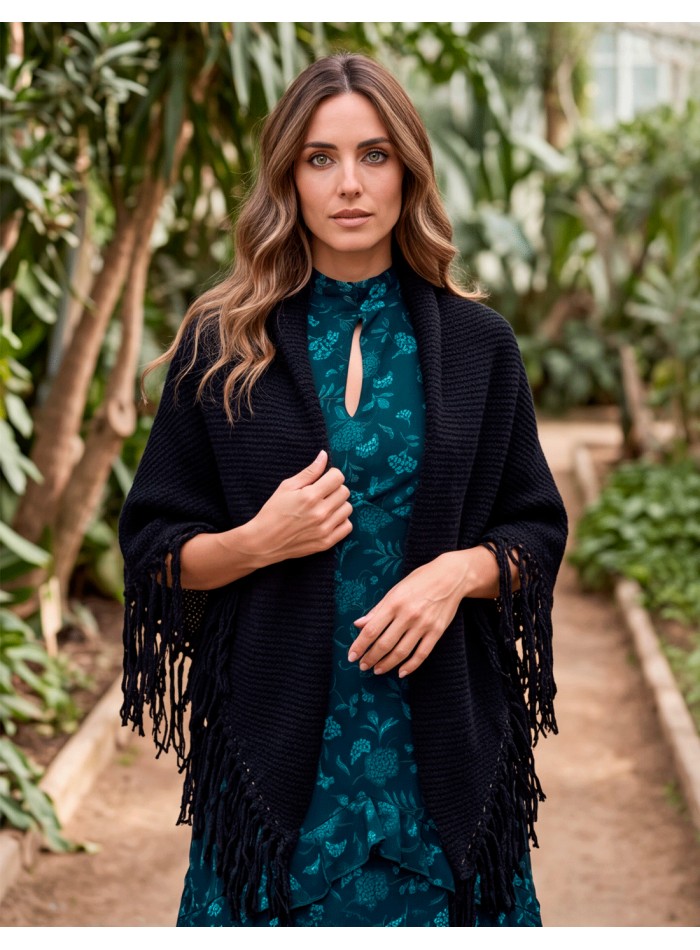 Navy Blue Multi-Position Fringed Poncho for Women