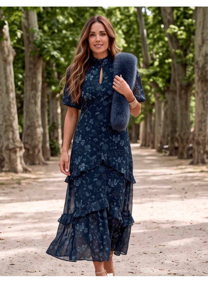 Vestido midi azul con estampado floral y mangas globo