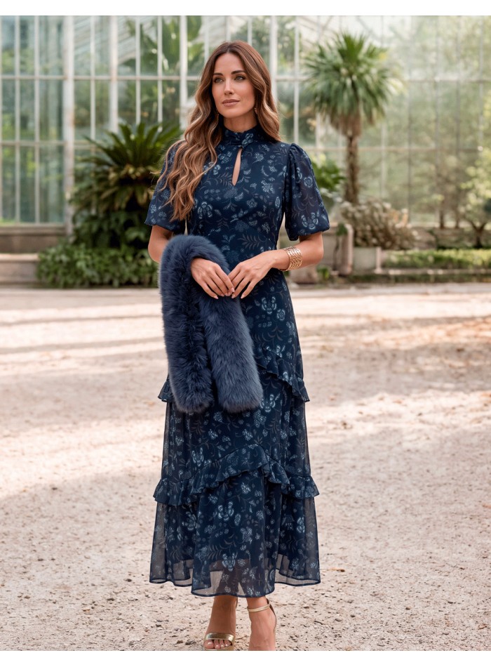 A blue bohemian-style floral dress designed to be worn far beyond a single celebration.