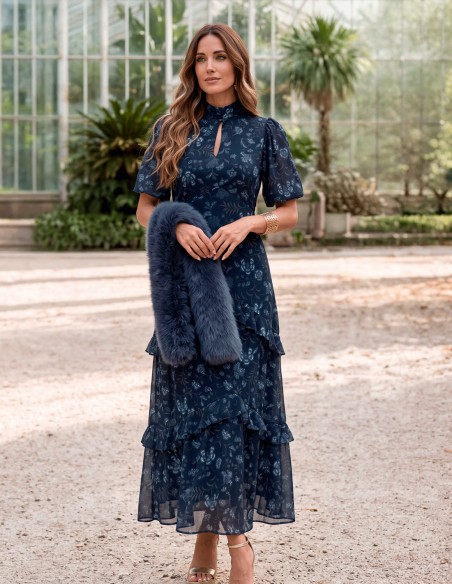 vestido midi azul con estampado floral  low cost
