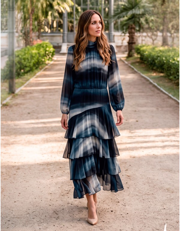 Robe midi imprimée à manches longues et à volants