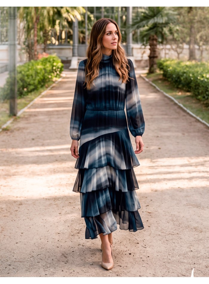 Robe midi imprimée à manches longues et à volants
