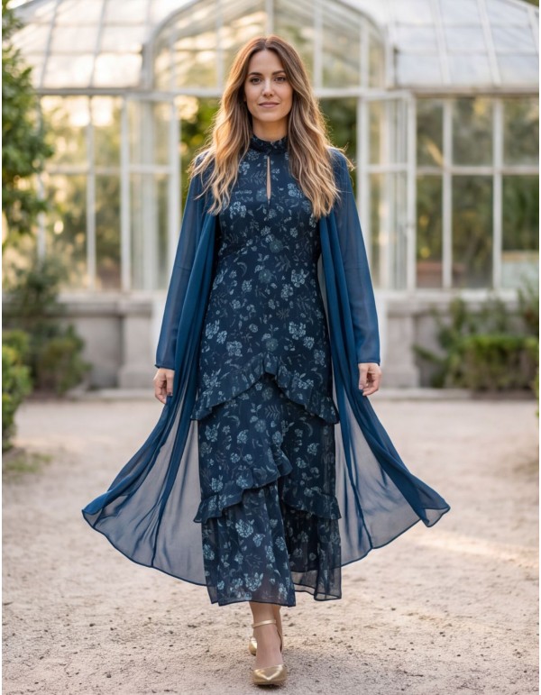 Long chiffon kimono with a built-in shawl in petrol blue 2