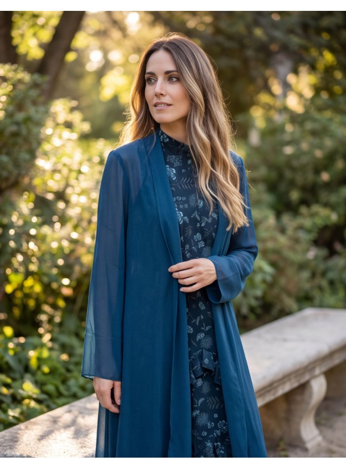 Long kimono en mousseline avec châle intégré,...