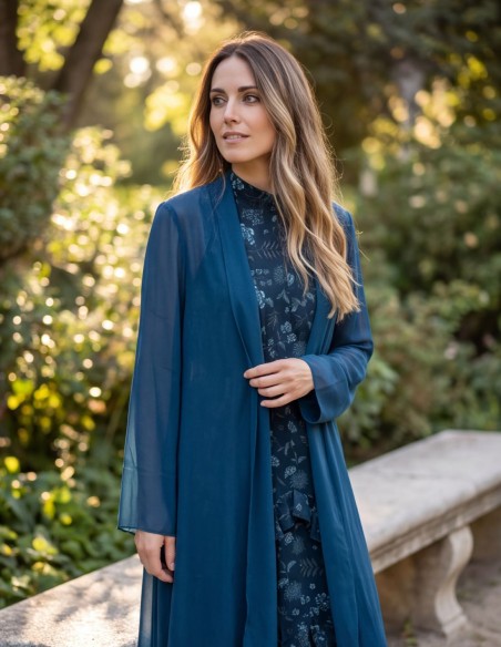 Long chiffon kimono with a built-in shawl in petrol blue