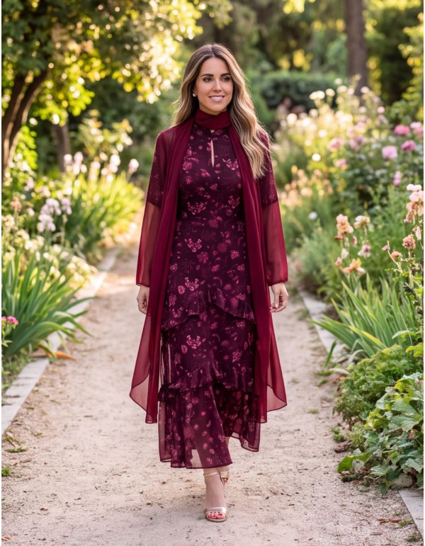Long kimono en mousseline avec châle intégré, couleur grenat