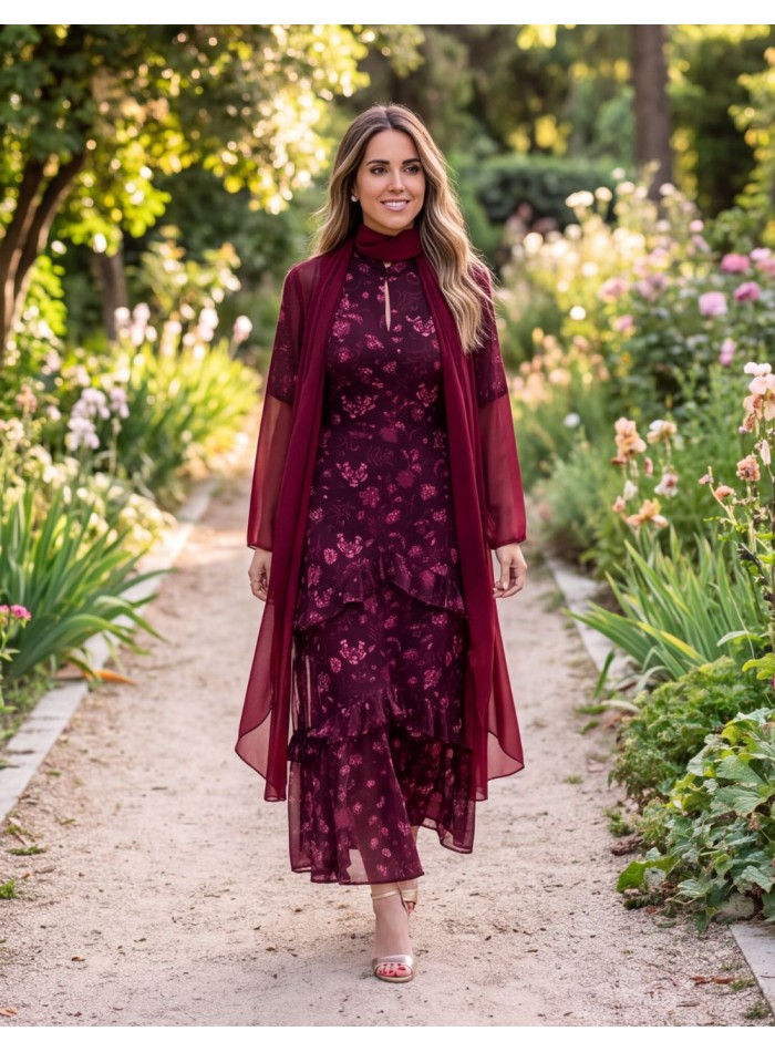 Kimono largo de gasa con chal incorporado en granate