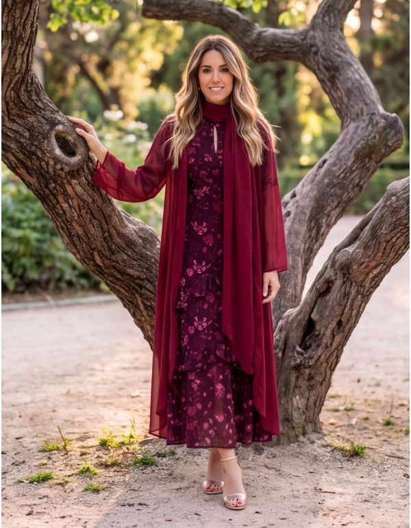 Long kimono en mousseline avec châle intégré, couleur grenat 2