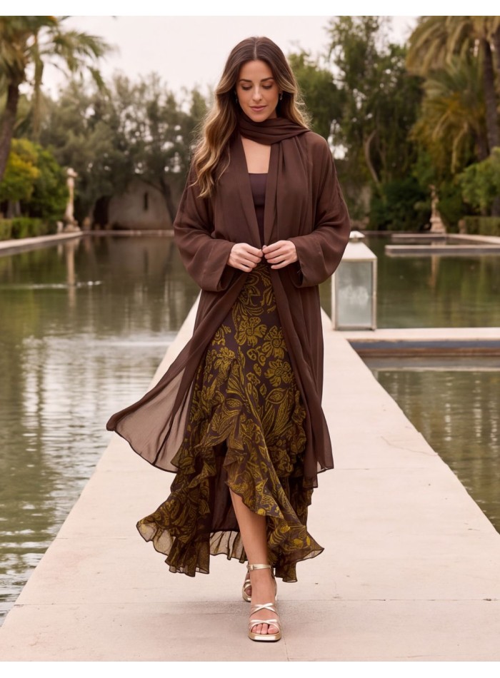 Long brown chiffon kimono with built-in shawl