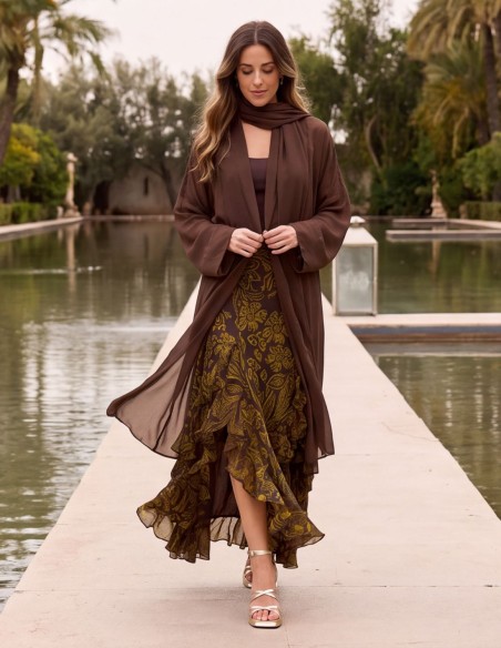 Kimono largo de gasa con chal incorporado marrón