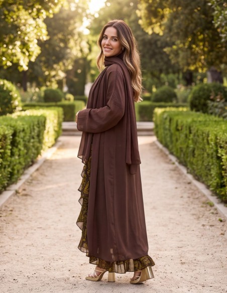 Long kimono en mousseline avec châle intégré, marron