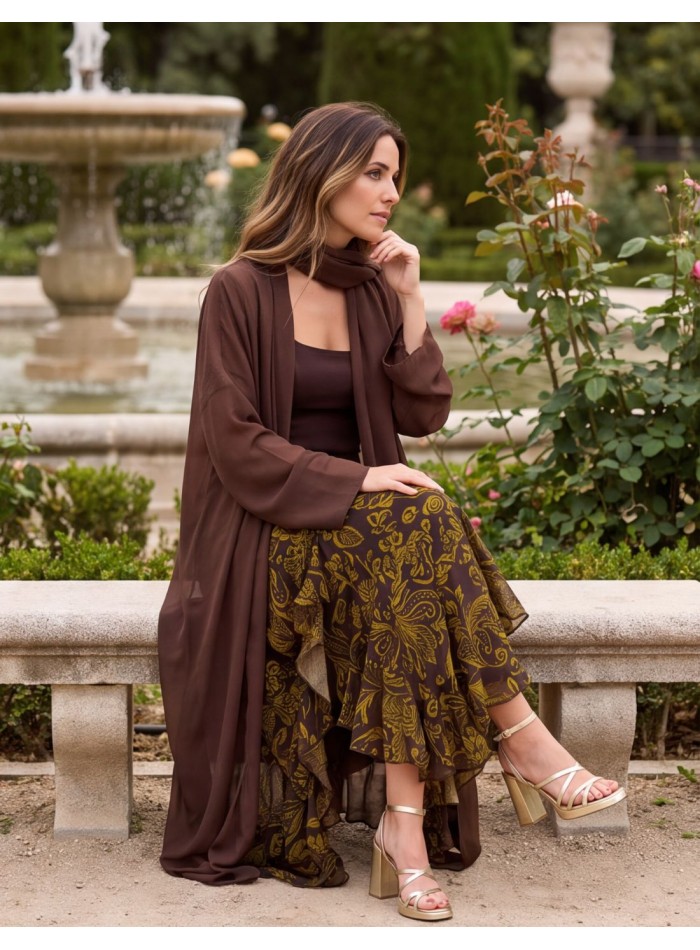 Kimono largo de gasa marrón