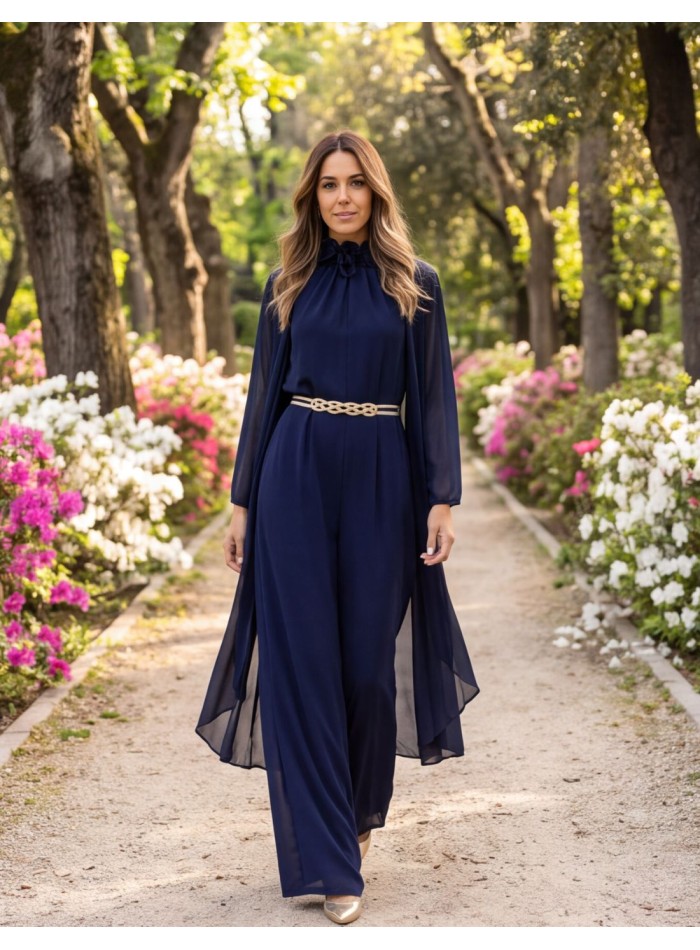 Kimono largo de gasa con chal incorporado en azul marino