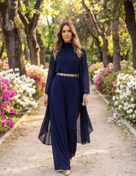 Long chiffon kimono with built-in shawl in navy blue