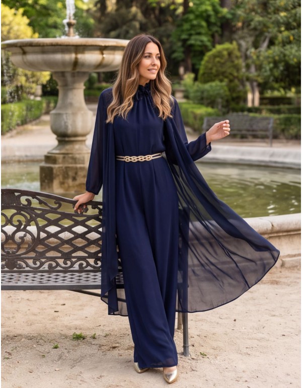 Long chiffon kimono with built-in shawl in navy blue 2