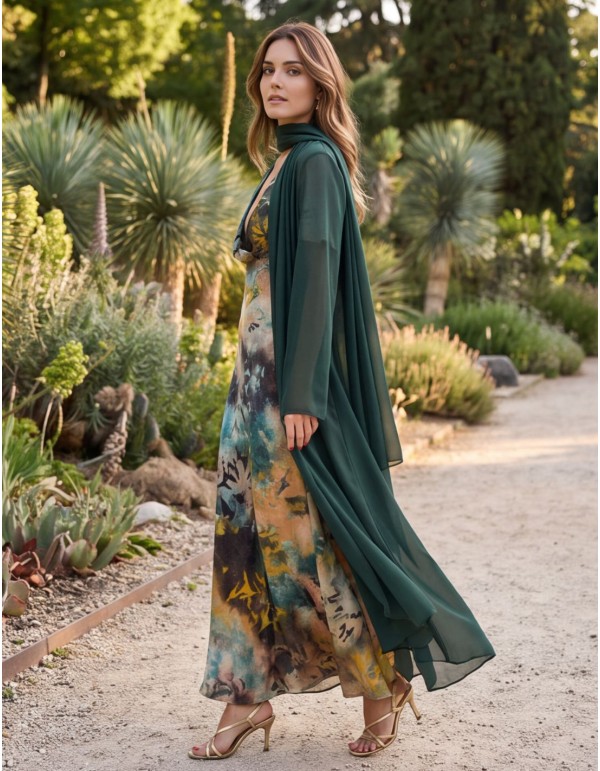Kimono largo de gasa verde botella con chal