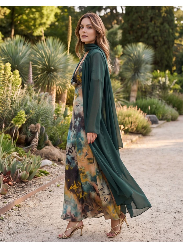 Long kimono en mousseline vert bouteille avec...