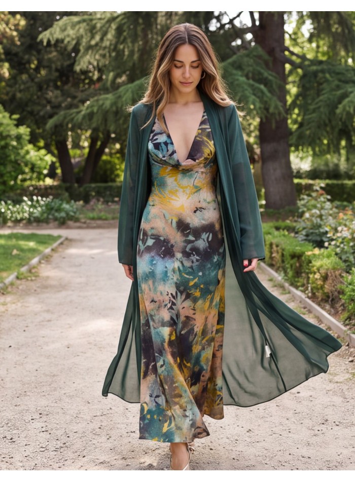 Kimono largo de gasa verde botella con chal