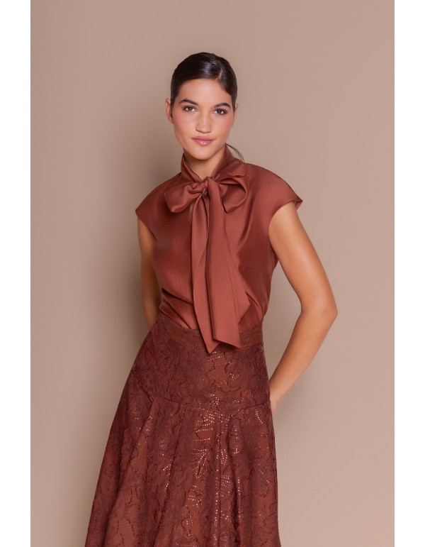 Brown blouse with a bow at the neck
