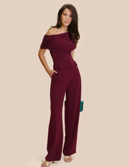 Asymmetrical maroon top for a wedding guest