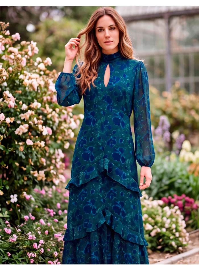Vestido midi azul y verde floral de manga larga con volantes