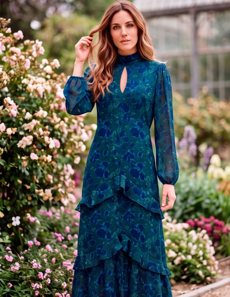 Vestido midi azul y verde floral de manga larga con volantes