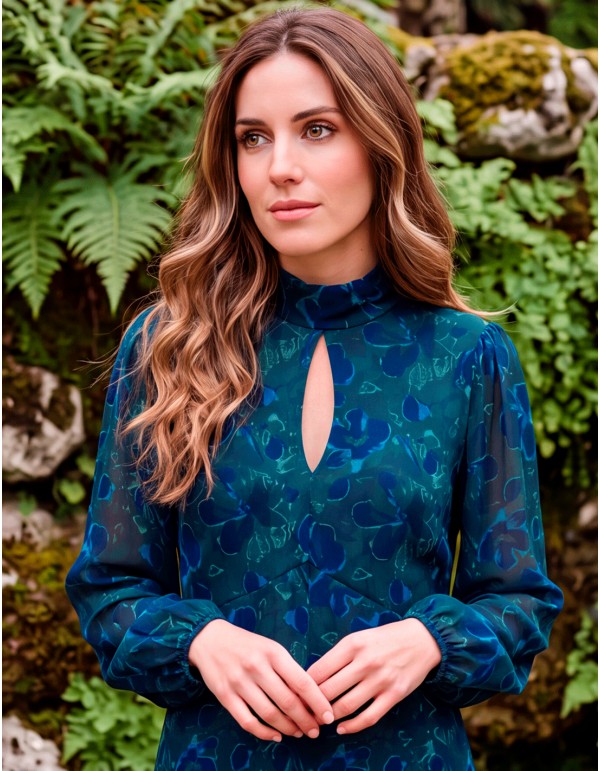 Vestido midi azul y verde floral de manga larga con volantes 2