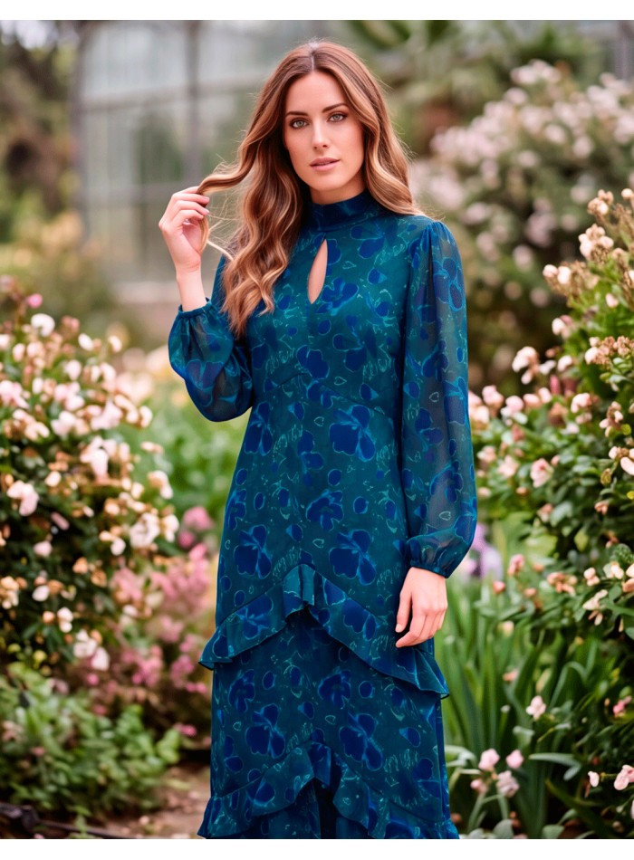 Robe midi à imprimé floral dans les tons bleus et verts