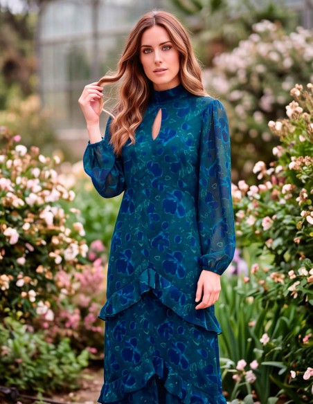 long-sleeved, floral blue and green midi dress