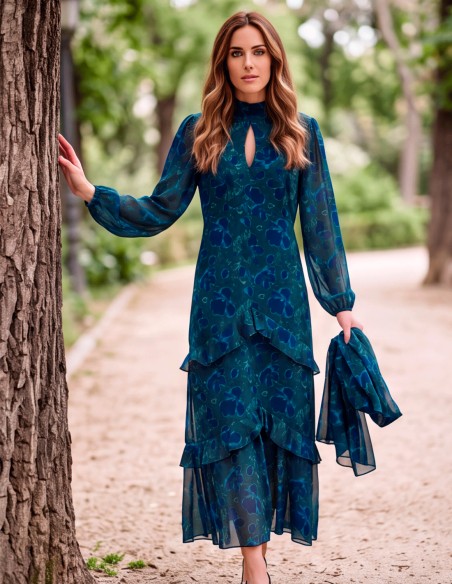 Robe midi à fleurs avec col montant, décolleté en goutte d'eau et jupe à volants