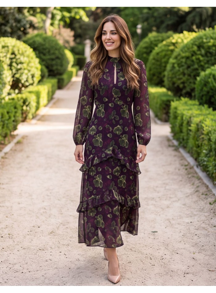 Burgundy midi dress with a floral print and a...