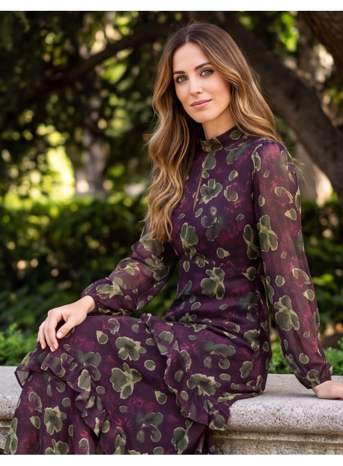 Burgundy midi dress with a floral print and a...