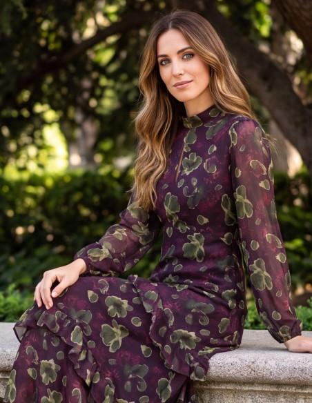 Vestido midi burdeos con estampado floral y manga larga