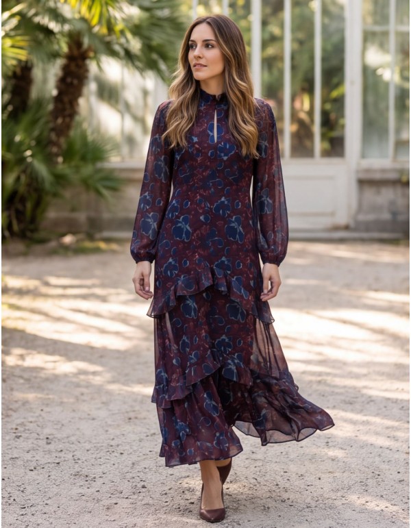 Vestido midi burdeos estampado con falda de volantes