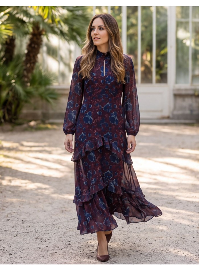 Vestido midi burdeos estampado con falda de volantes
