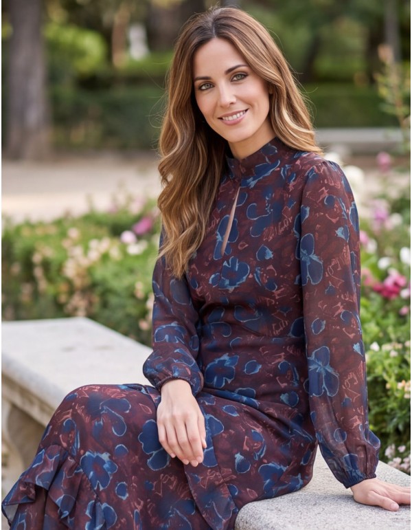 Vestido midi burdeos estampado con falda de volantes 2