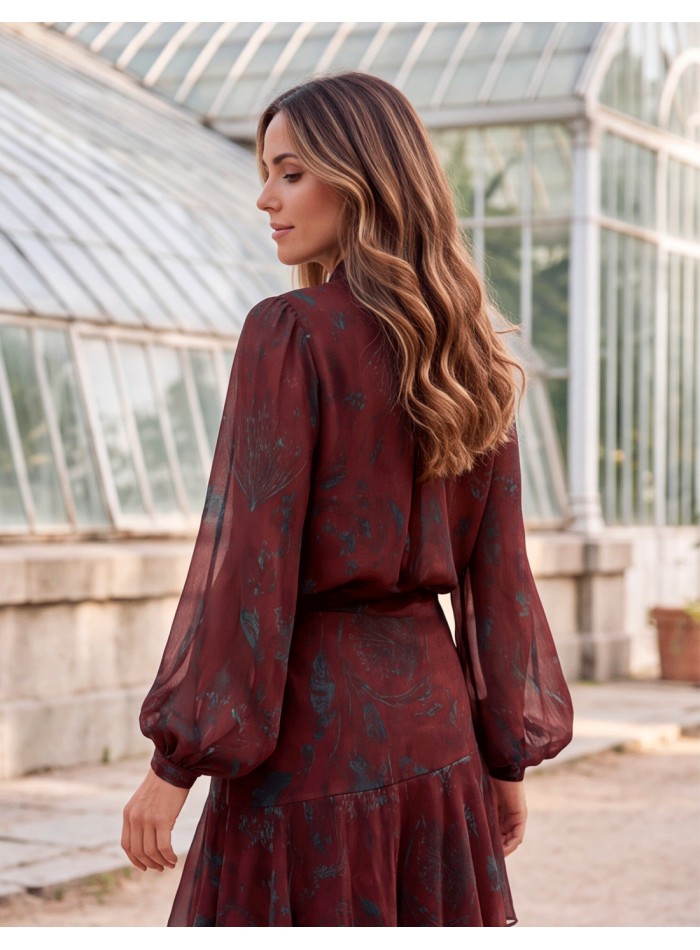 Two-piece maroon ensemble with a ruffled skirt for special occasions and everyday wear