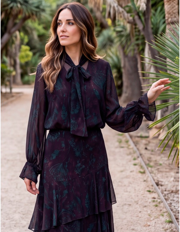 Two-piece eggplant-colored set with a bow blouse and skirt