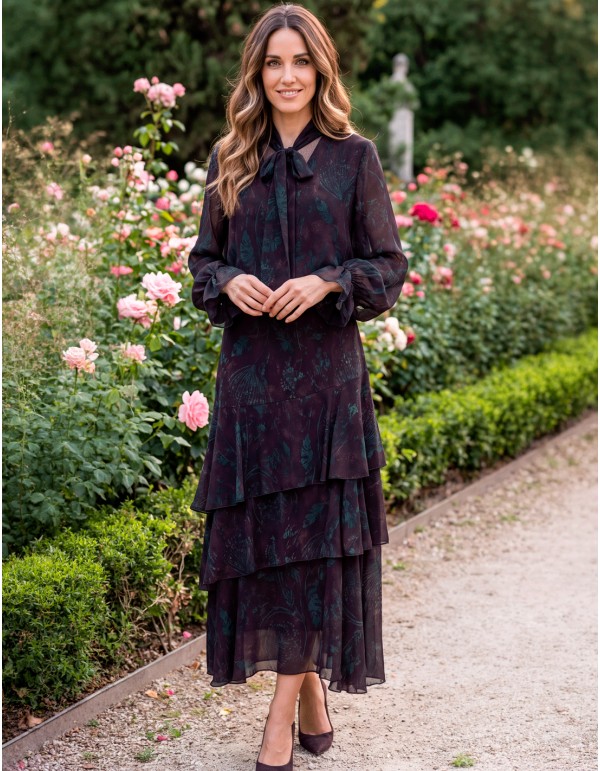 Two-piece eggplant-colored set with a bow blouse and skirt 2