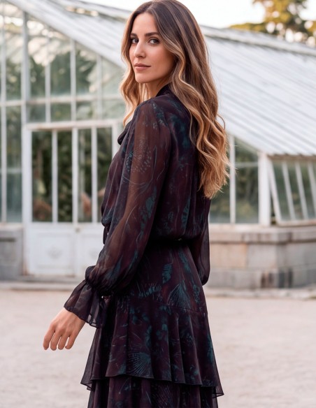 Aubergine-colored set with a tie-front blouse and a ruffled skirt