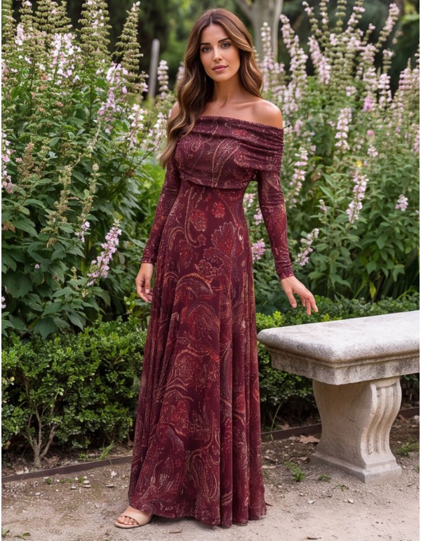 Maroon printed midi dress with a Bardot neckline 2