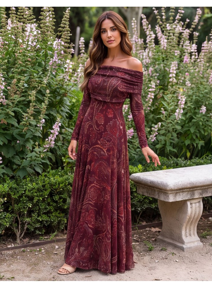 Robe midi à imprimé grenat avec encolure bardot