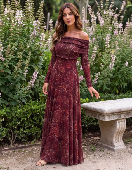 Vestido midi estampado granate con escote bardot