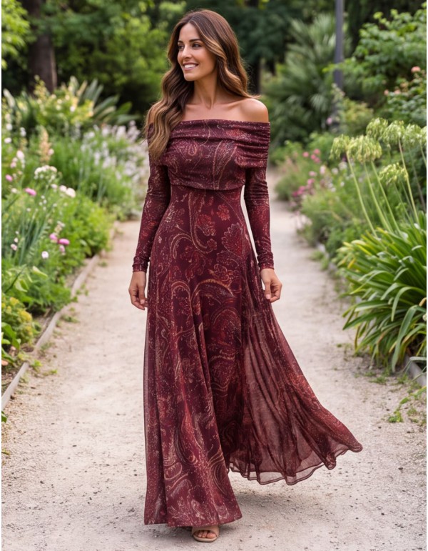 Maroon printed midi dress with a Bardot neckline