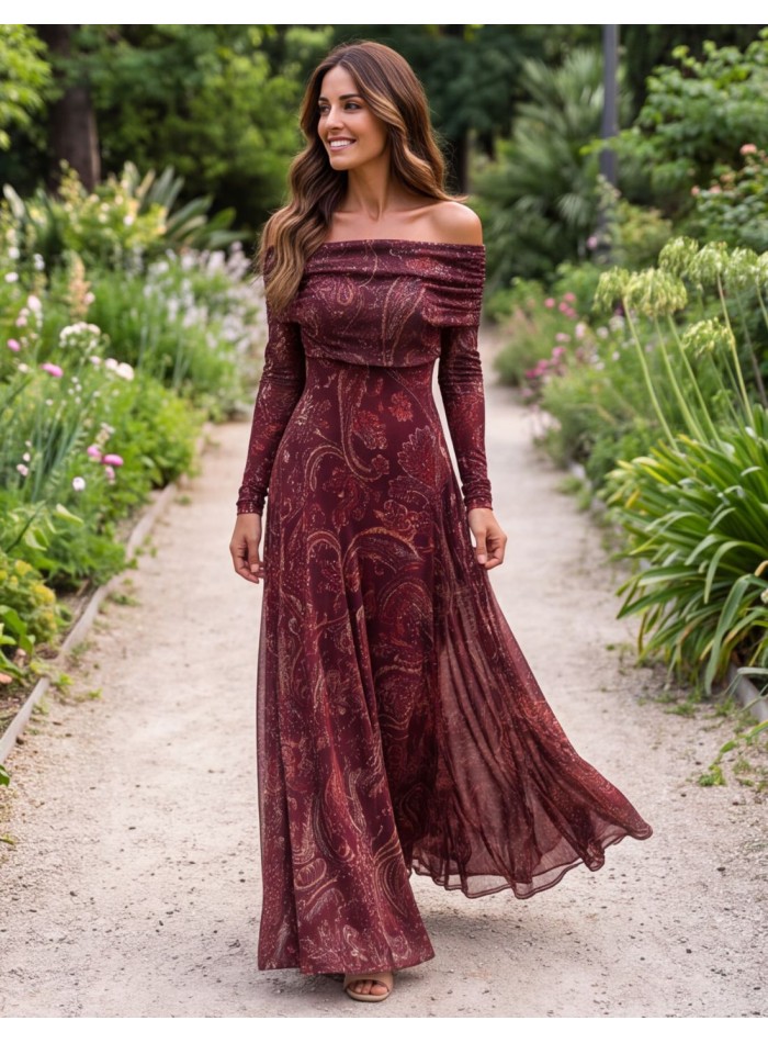 Maroon printed midi dress with a Bardot neckline