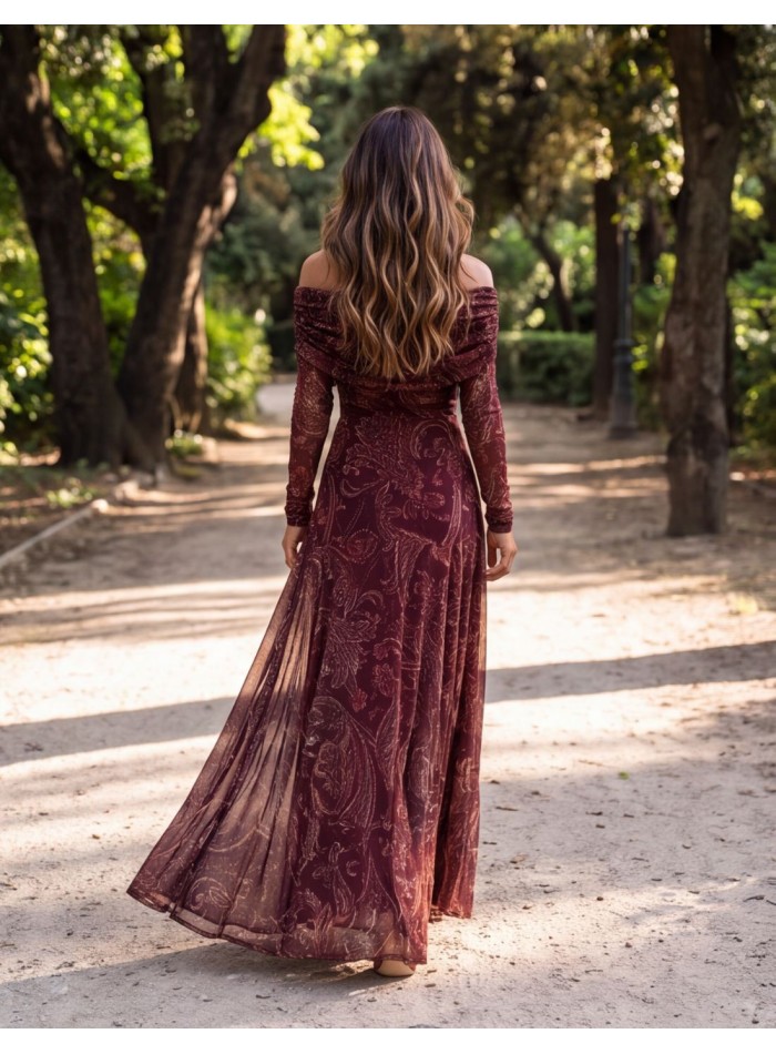 Maroon printed midi dress with a Bardot neckline